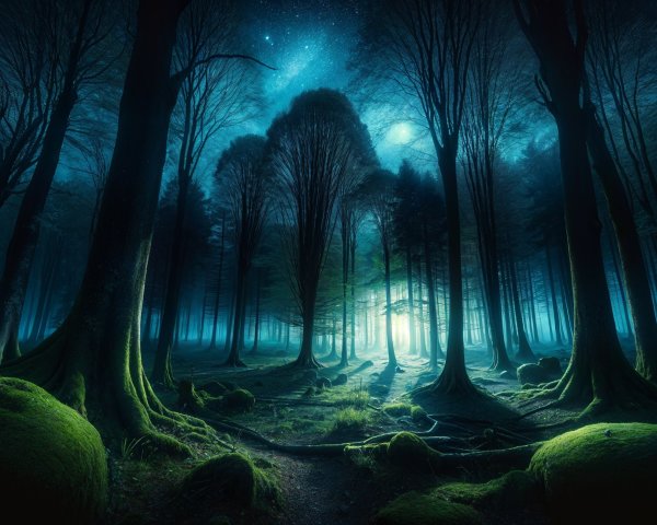 Mystical Forest with Blue Hues and Towering Trees