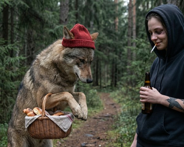 Young woman with wolf in forest setting with beer and cigarette
