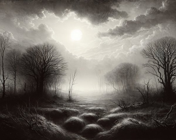 Monochromatic Twilight Marsh Landscape with Gnarled Trees
