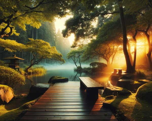 Serene Garden at Sunrise with Tranquil Pond and Dock