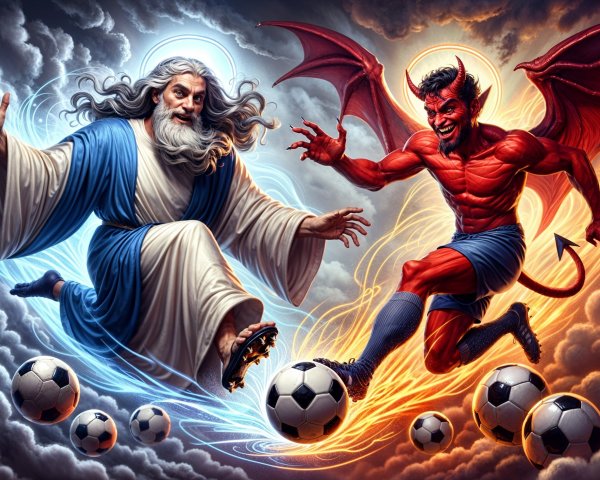 Divine and Devilish Figures Compete in Soccer Match