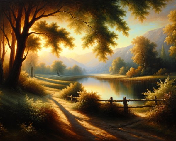 Tranquil River Landscape with Lush Greenery and Hills
