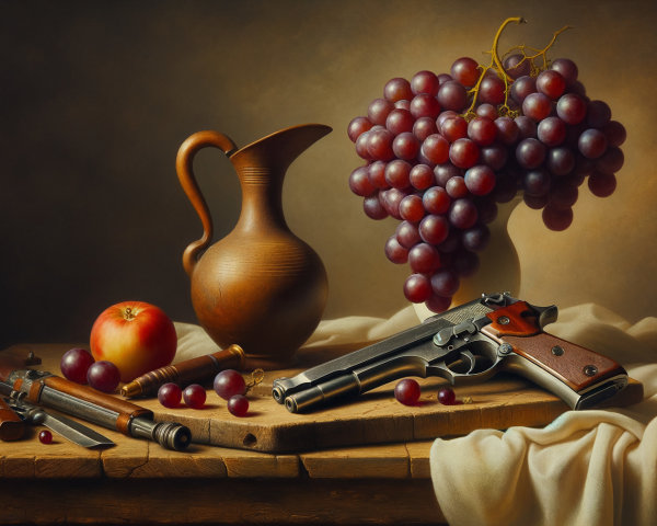 Still Life with Wooden Table, Fruit, and Handguns
