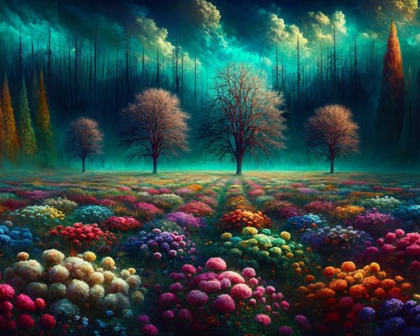 Vibrant Landscape with Colorful Flowers and Trees