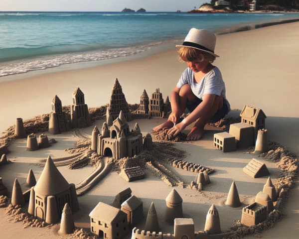 Child Building Sandcastle on a Beach with Sunlight