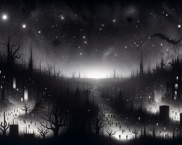 Haunting Landscape with Silhouetted Figures and Stars