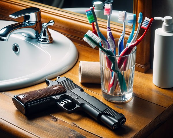 Modern Bathroom Scene with Sink and Colorful Toothbrushes