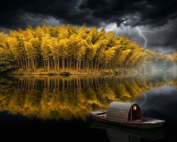 Dramatic Landscape with Boat and Bamboo Forest Reflection