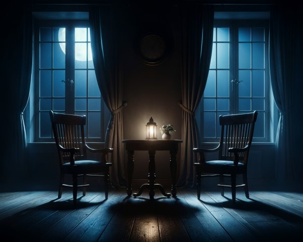 Dimly Lit Room with Wooden Chairs and Lantern Glow