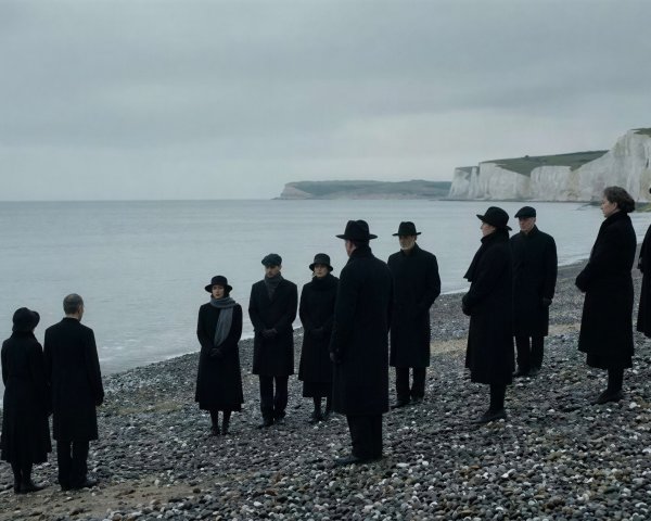 Group of People in Black on Pebbly Beach with Cliffs