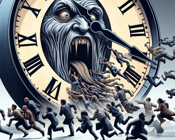 Surreal Scene of Clock with Monstrous Face and People