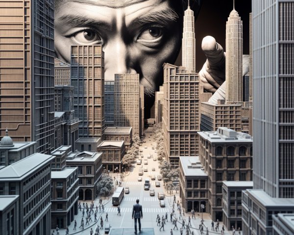 Monochrome Cityscape with Colossal Face and Hand