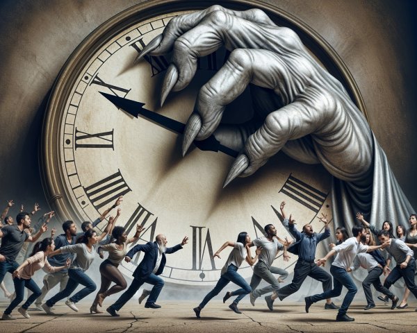 Dramatic Scene of Clock and People in Chaos