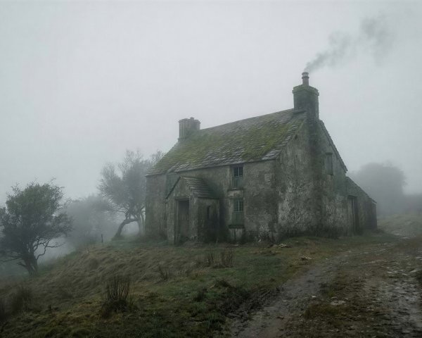 Desolate cottage on a foggy hill with moss and smoke