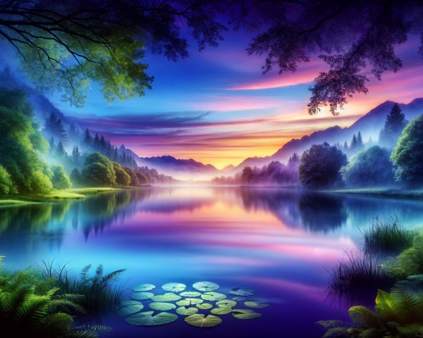 Tranquil Lake at Sunset with Mountain Silhouettes