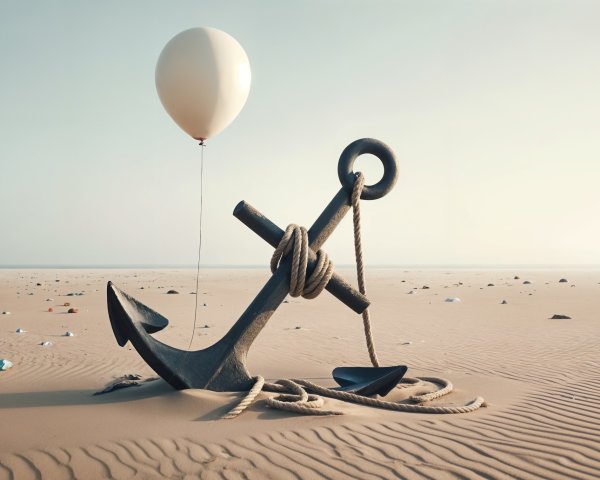 Weathered Anchor and Balloon in Sandy Landscape