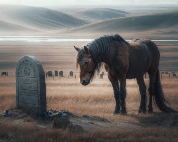 Solitary Horse in Serene Landscape with Grave Marker