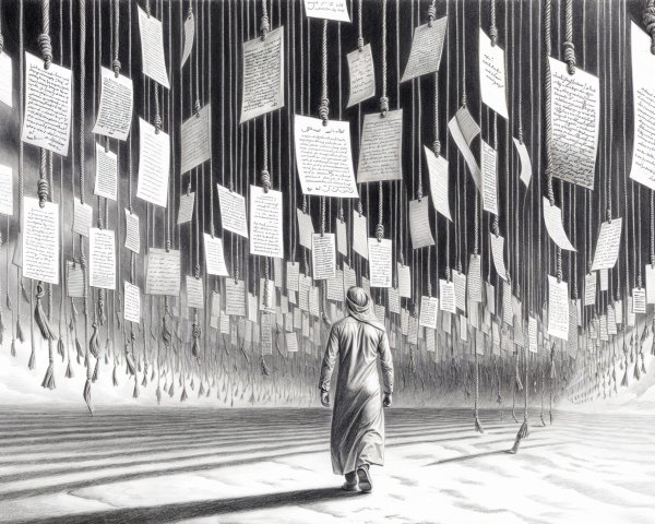Solitary Figure in a Desolate Landscape with Pages
