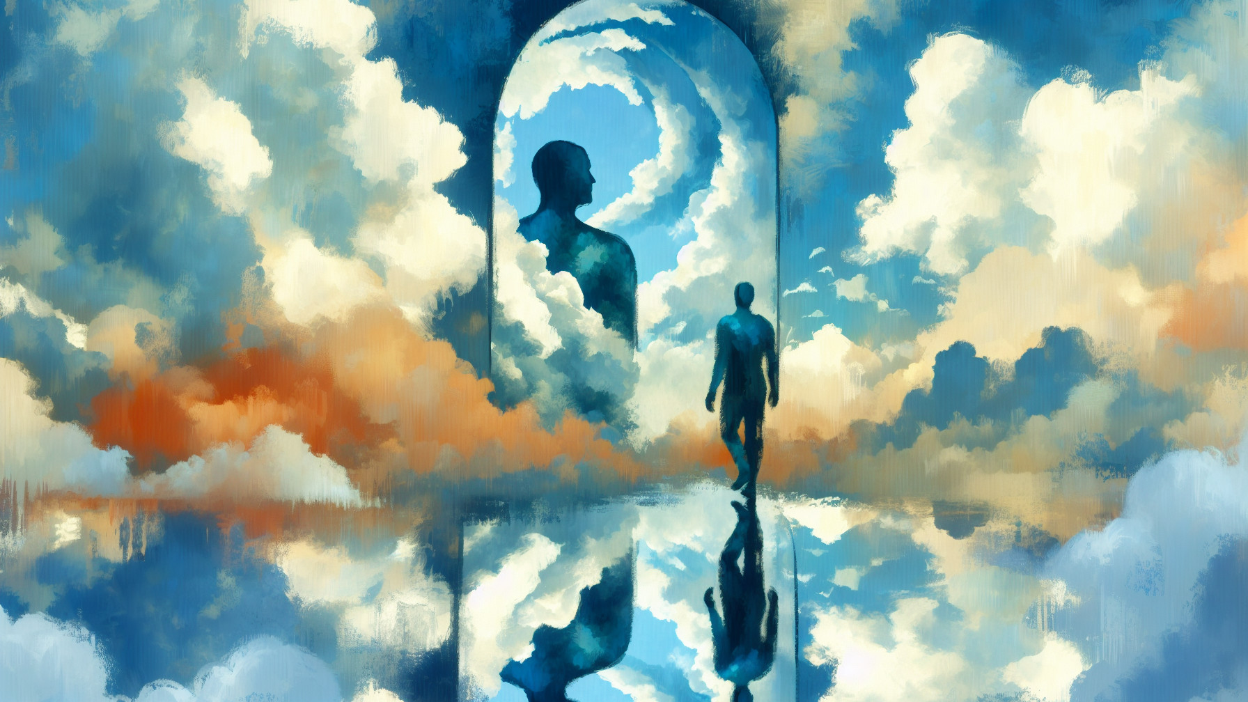 Figure walking through a cloud-filled archway into sky