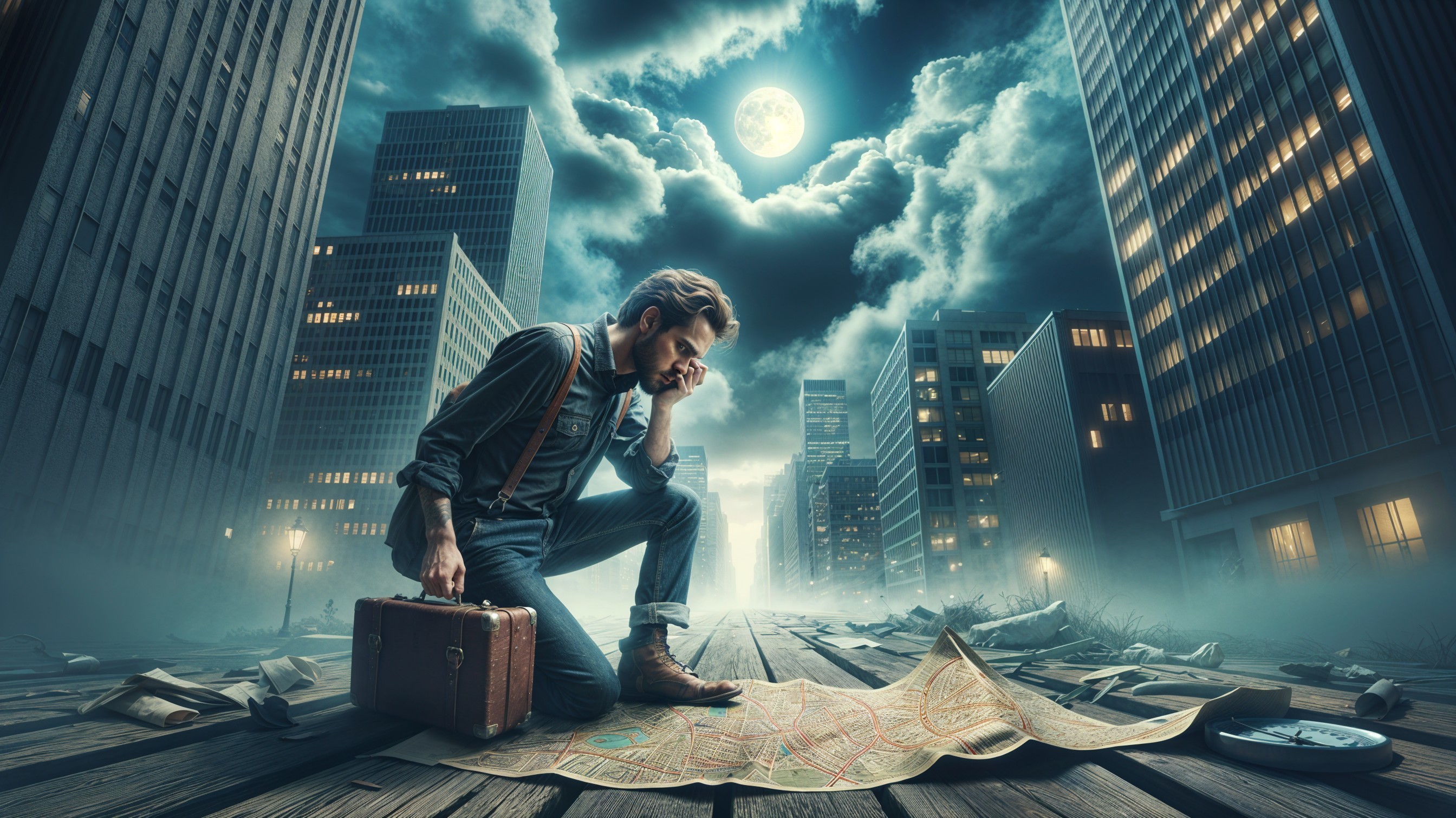 Surreal Abandoned Cityscape with Moonlit Atmosphere