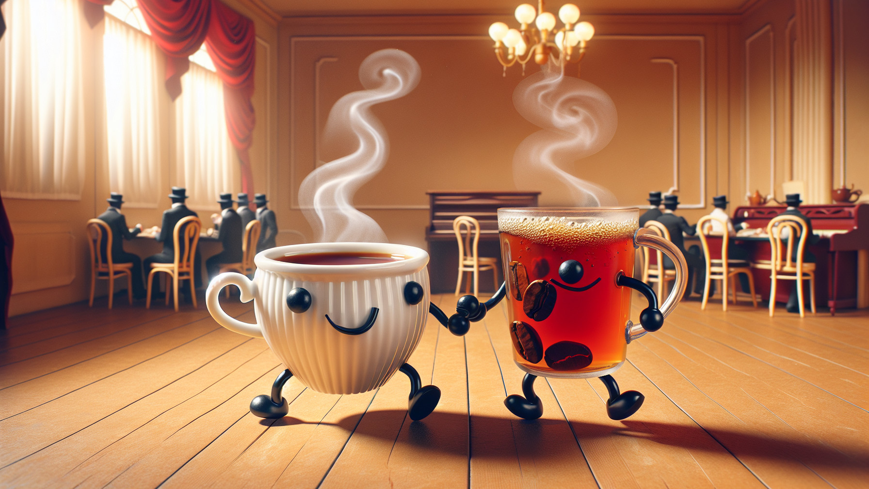 Animated Coffee Cups in a Cozy Café Setting