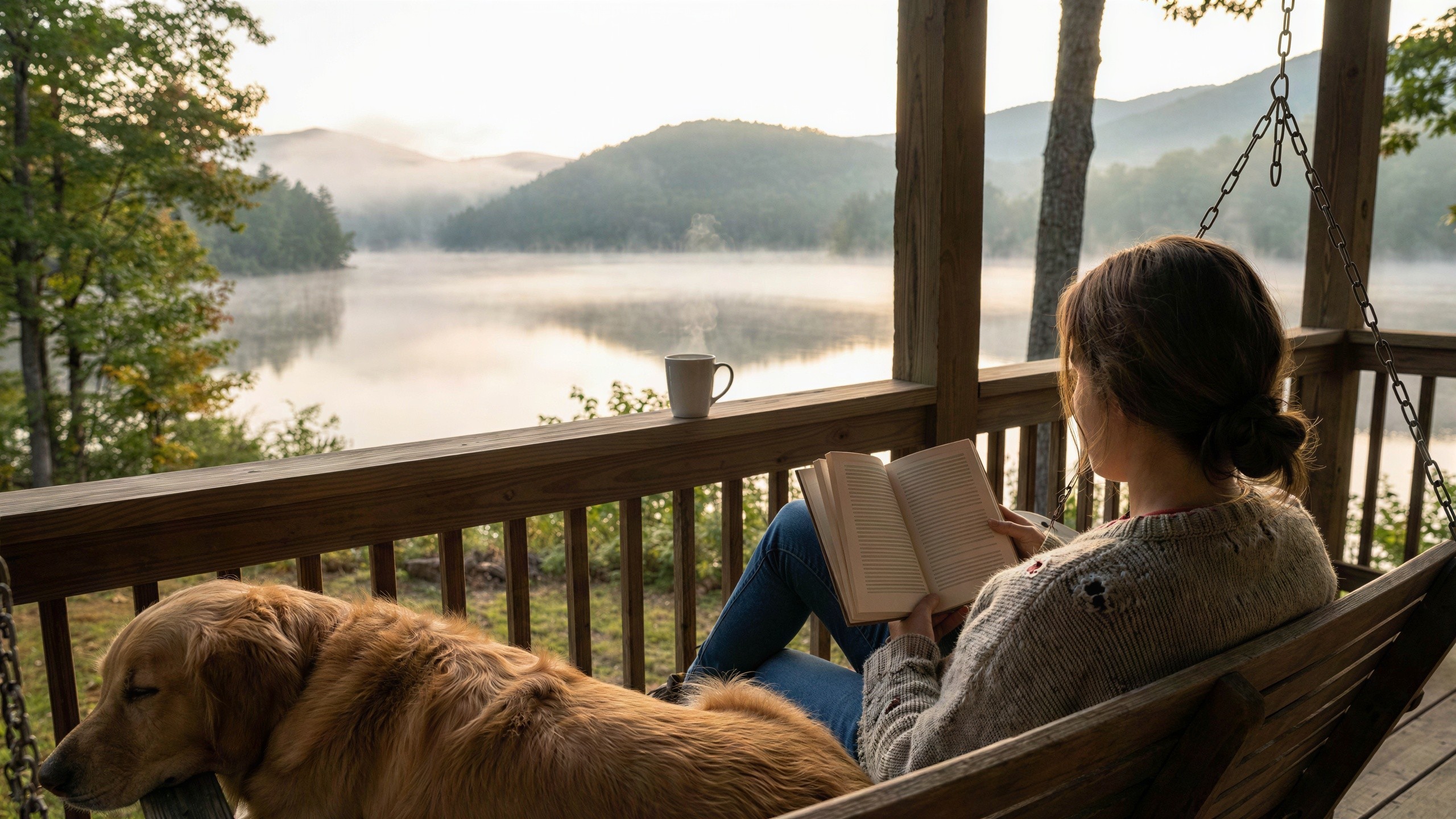 Woman on Porch Swing Reading by Misty Lake