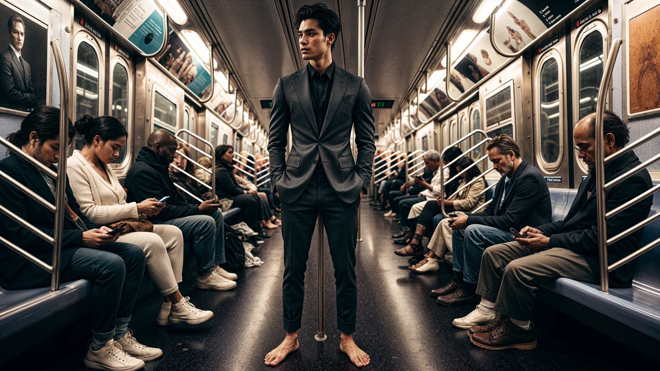 Confident Man in Suit Stands Barefoot in Subway Car