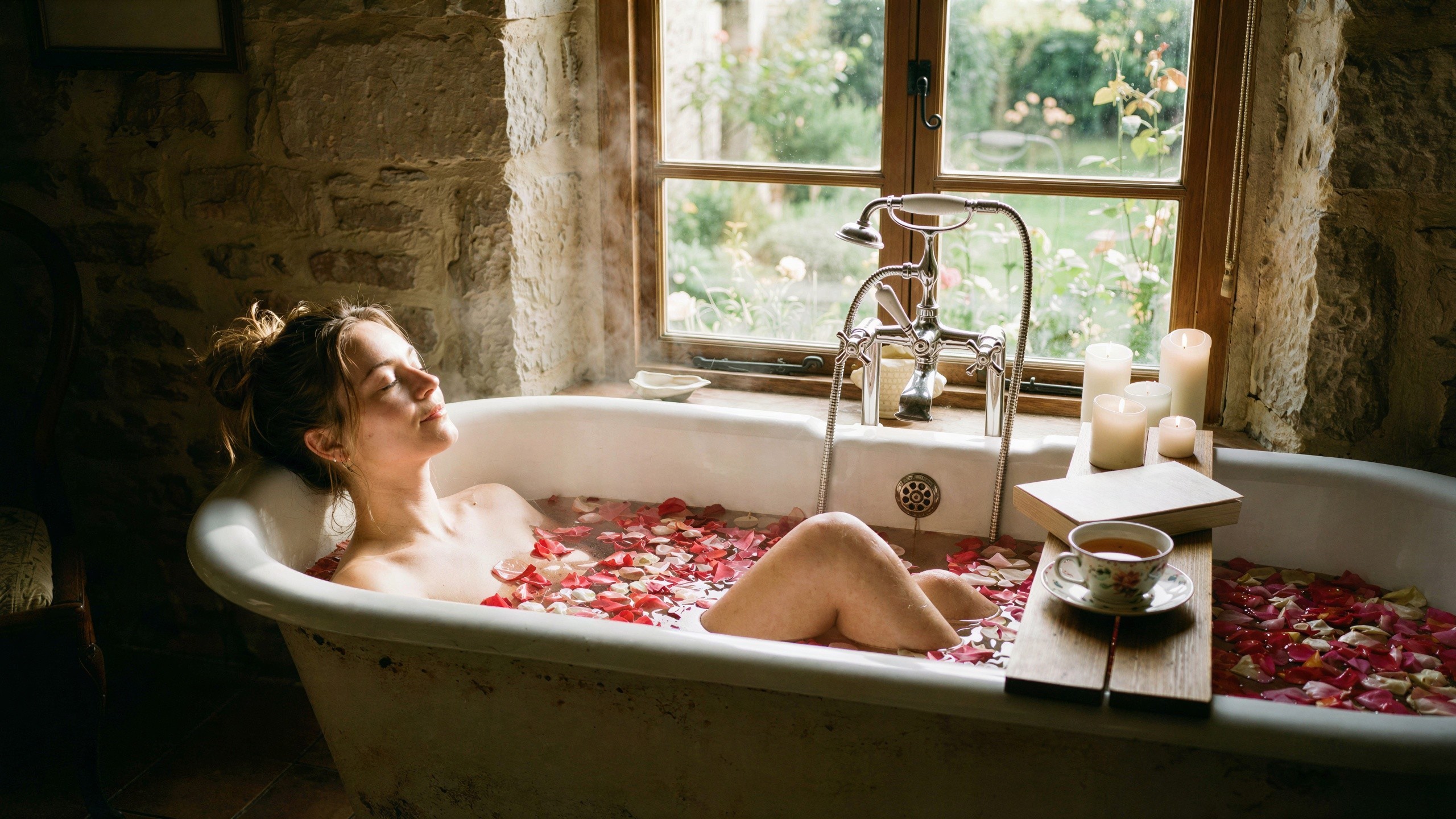 Woman in Rose Petal Bath with Claw-Foot Tub