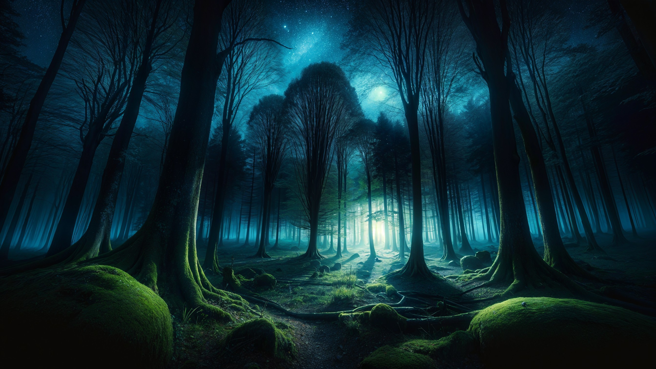 Mystical Forest with Blue Hues and Towering Trees