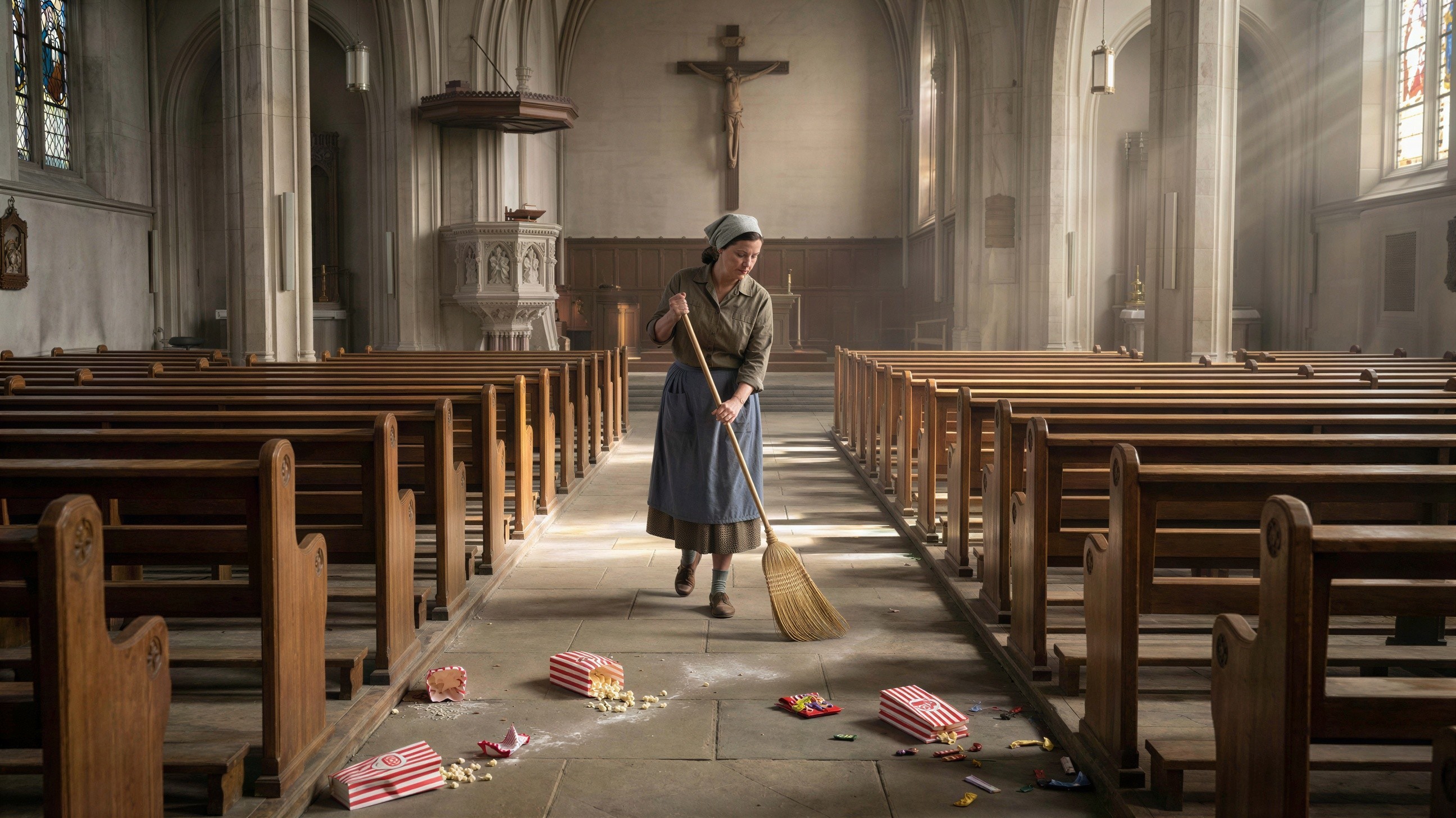 Old Woman Cleaning Church with Golden Broom and Light