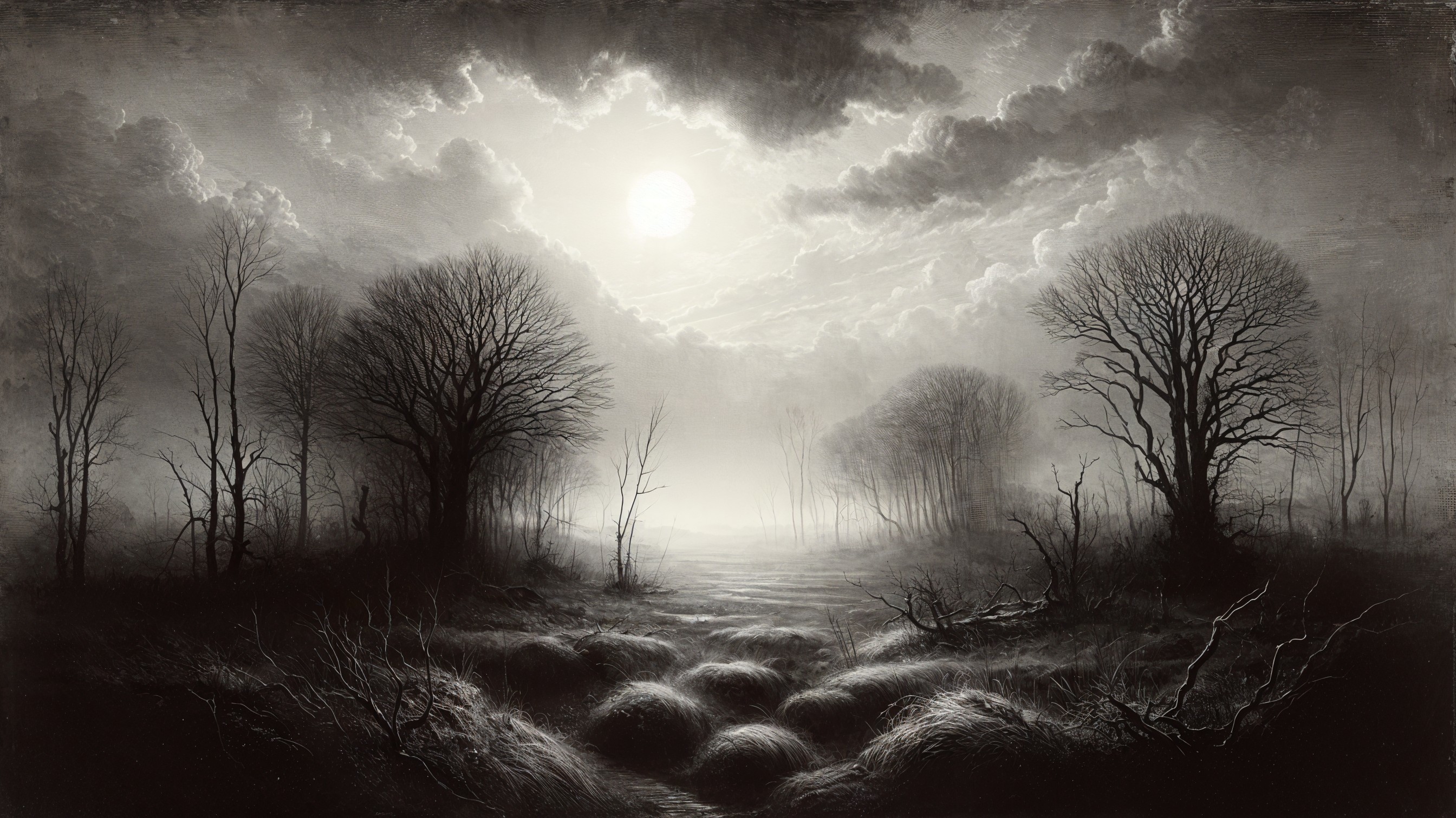 Monochromatic Twilight Marsh Landscape with Gnarled Trees