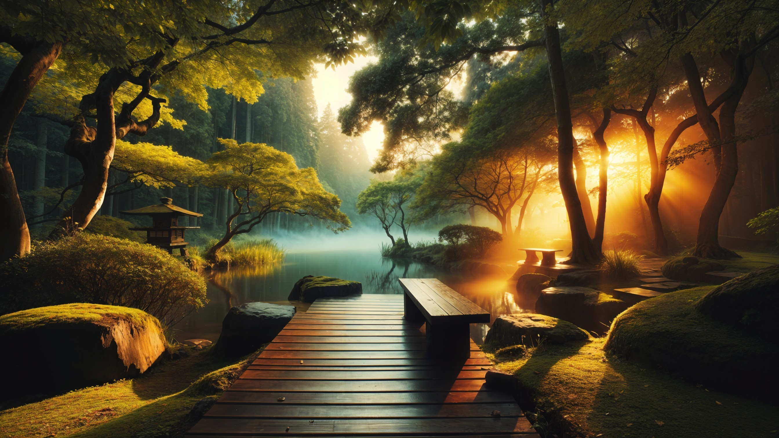 Serene Garden at Sunrise with Tranquil Pond and Dock