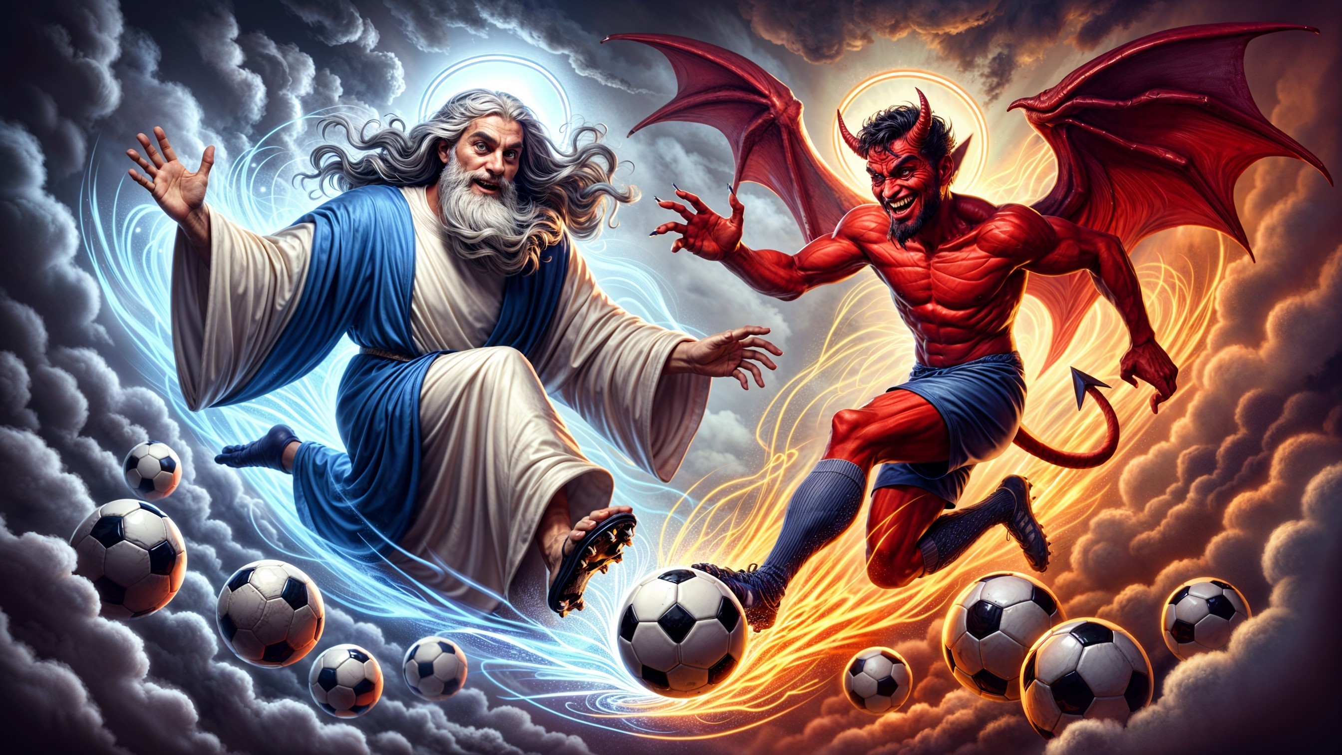 Divine and Devilish Figures Compete in Soccer Match