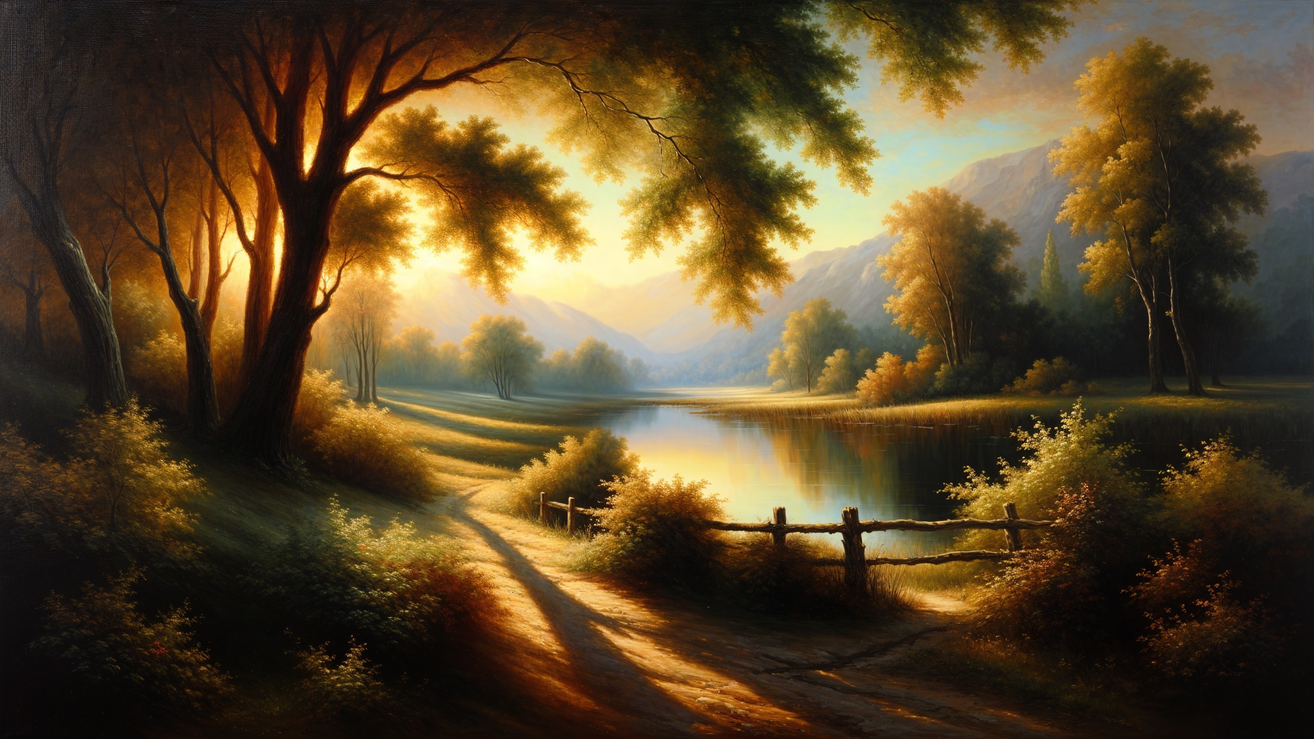Tranquil River Landscape with Lush Greenery and Hills