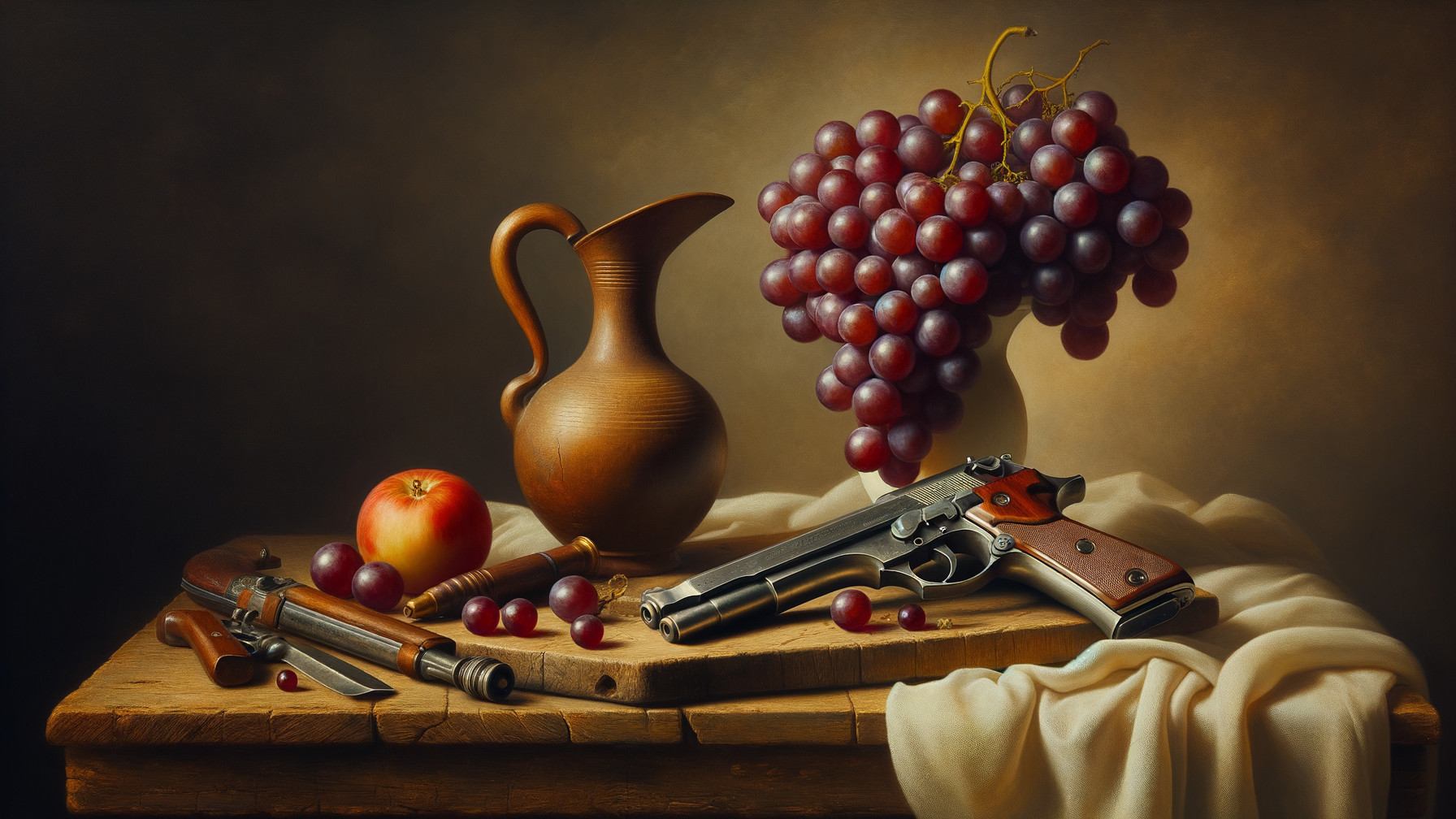 Still Life with Wooden Table, Fruit, and Handguns