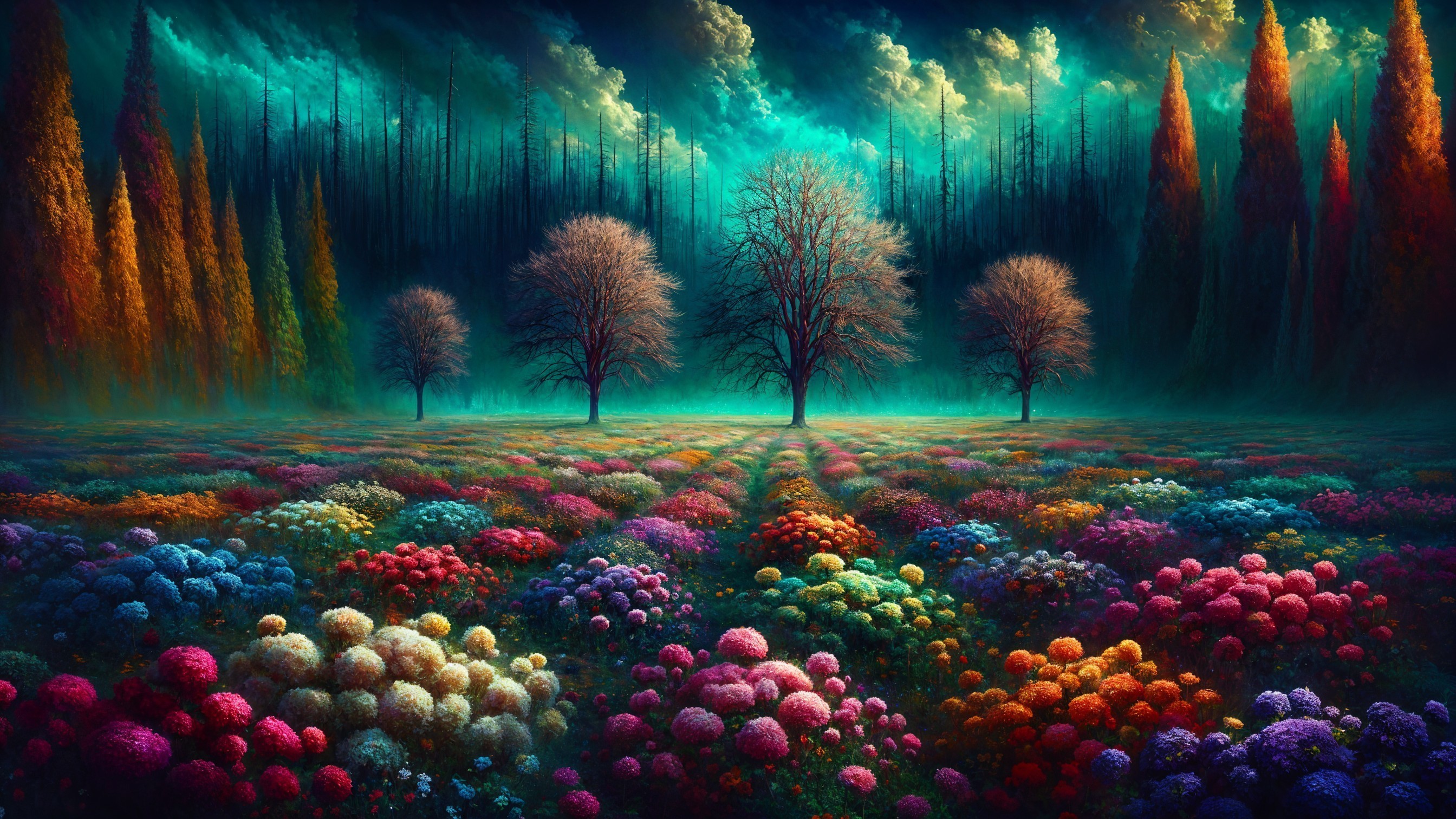 Vibrant Landscape with Colorful Flowers and Trees