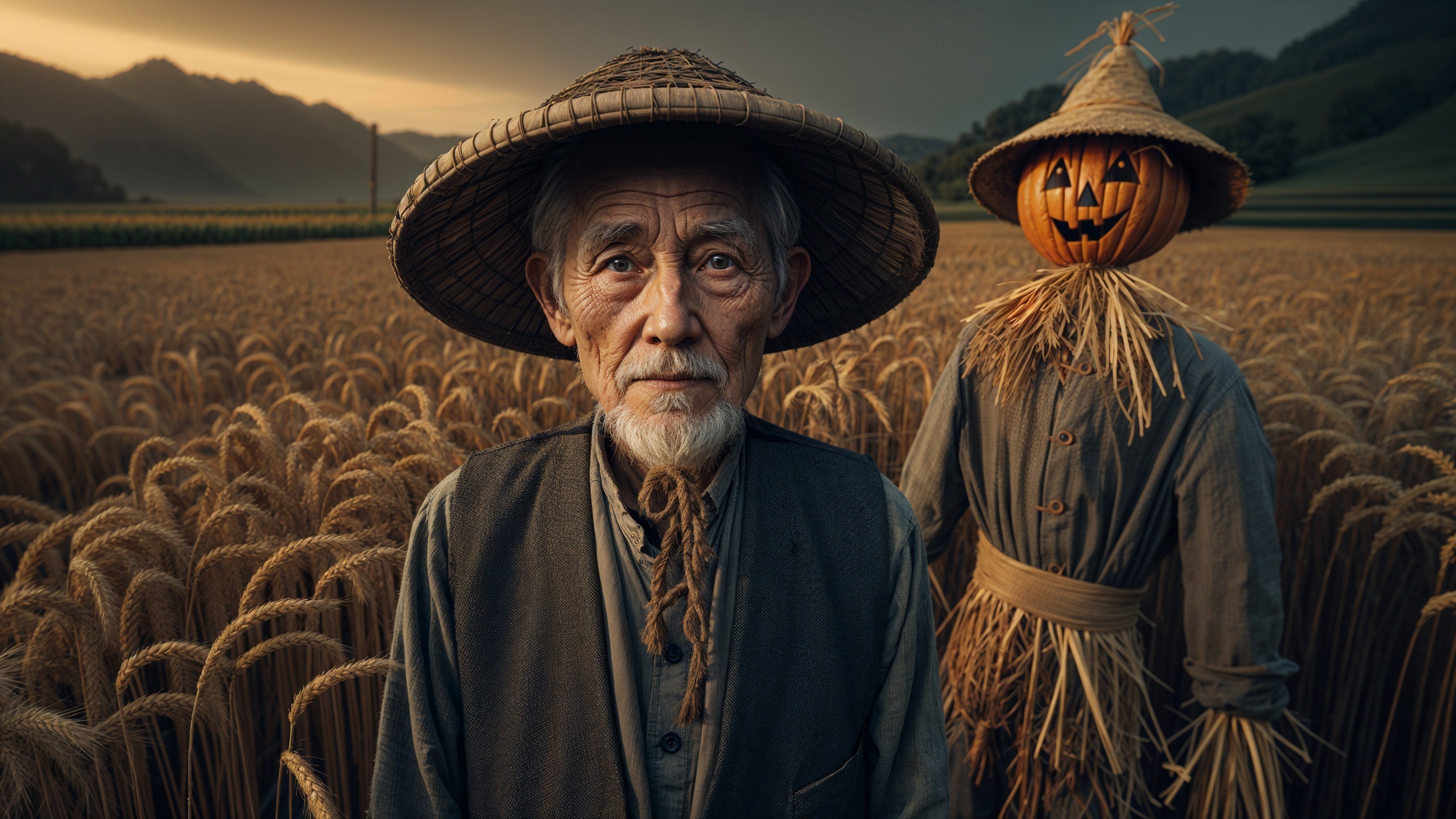 Elderly Man in Wheat Field with Scarecrow and Sky