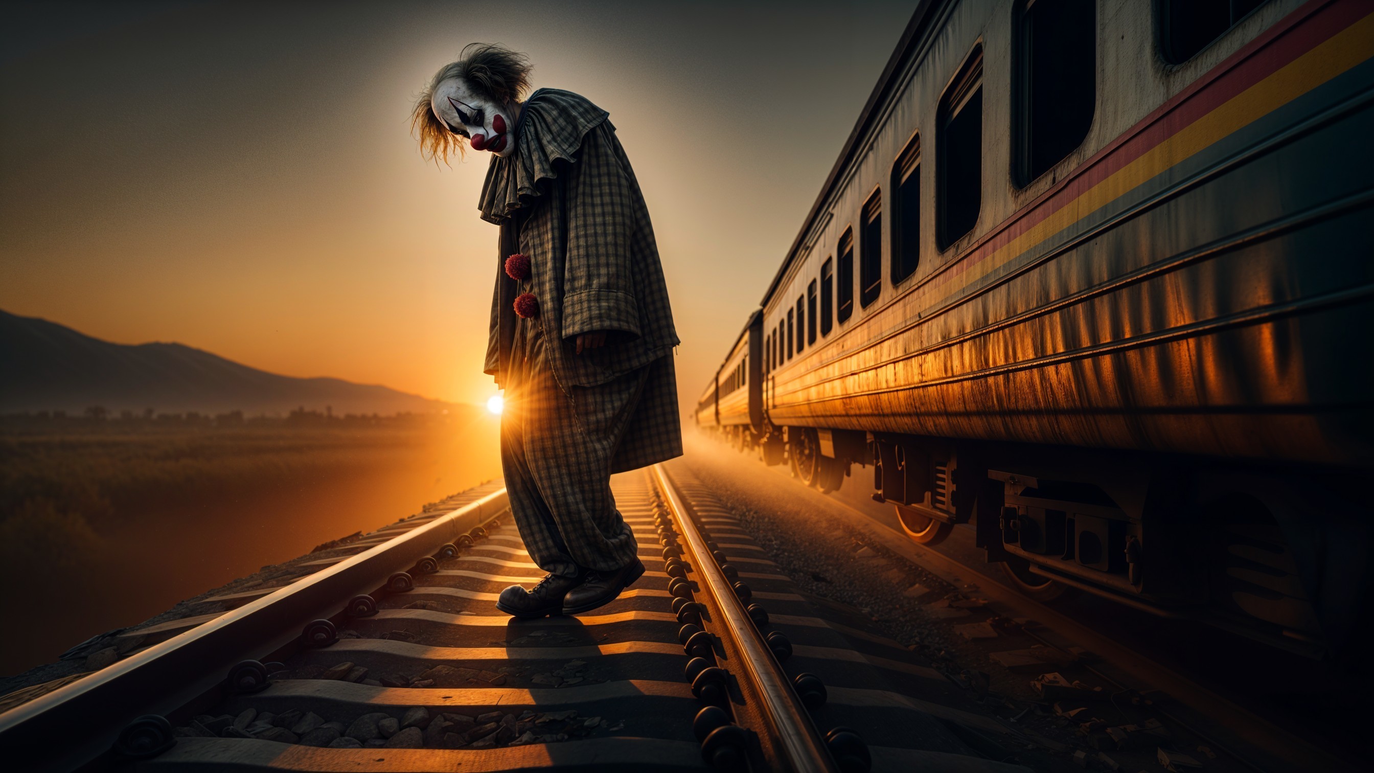 Clown on Railway Track at Sunset with Abandoned Train