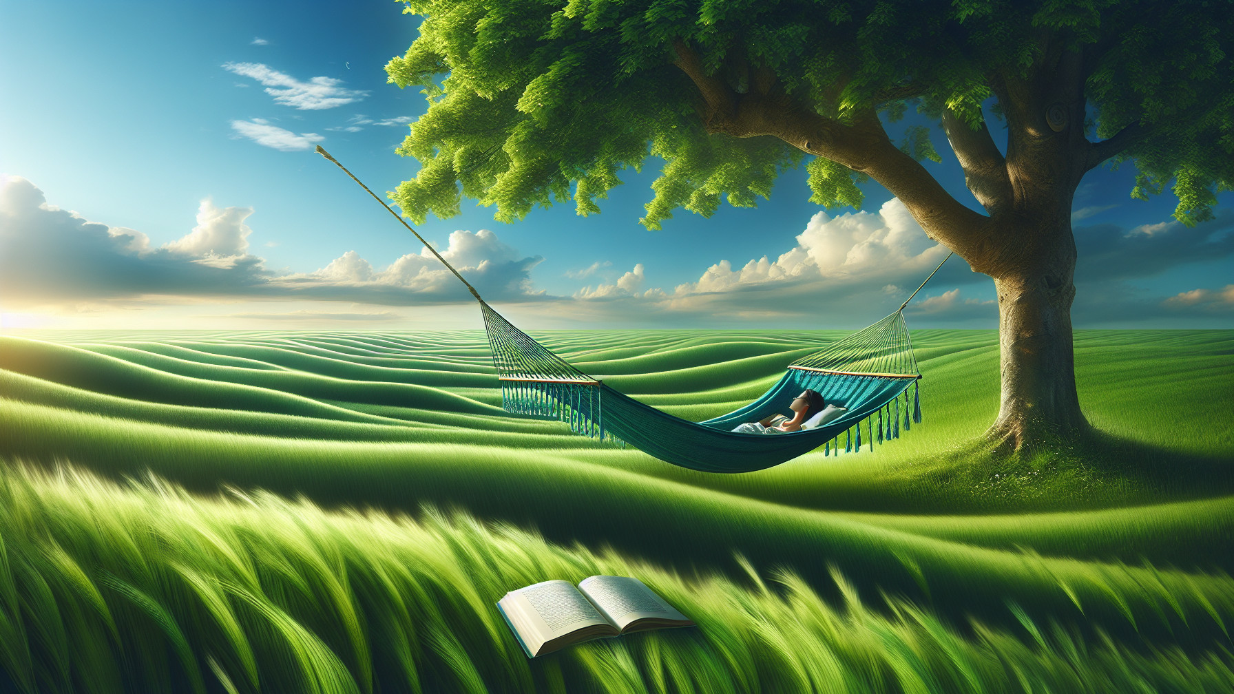 Person sleeping in a hammock between a tree and pole