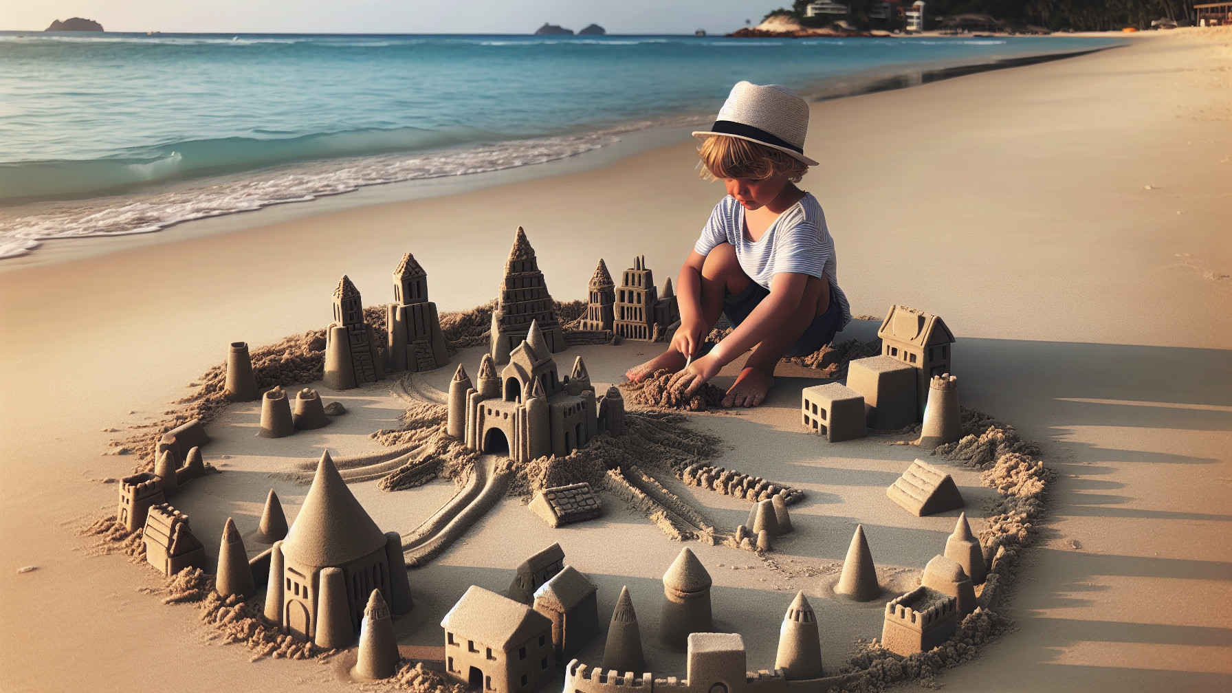 Child Building Sandcastle on a Beach with Sunlight