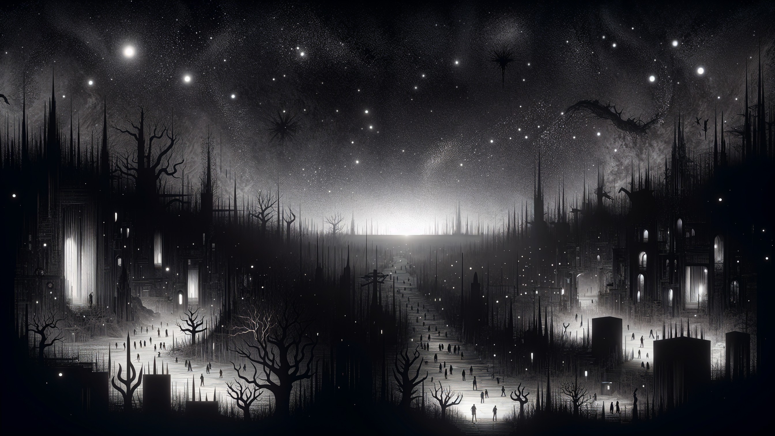 Haunting Landscape with Silhouetted Figures and Stars