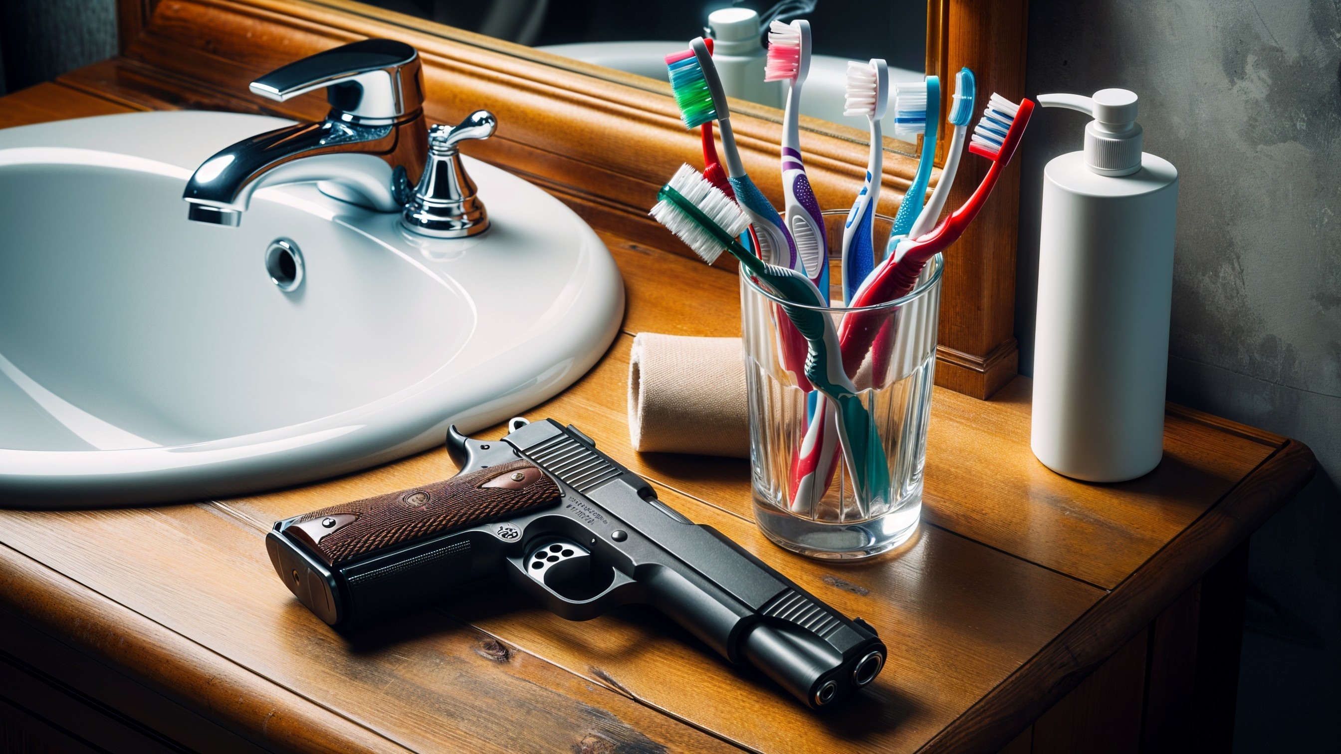 Modern Bathroom Scene with Sink and Colorful Toothbrushes