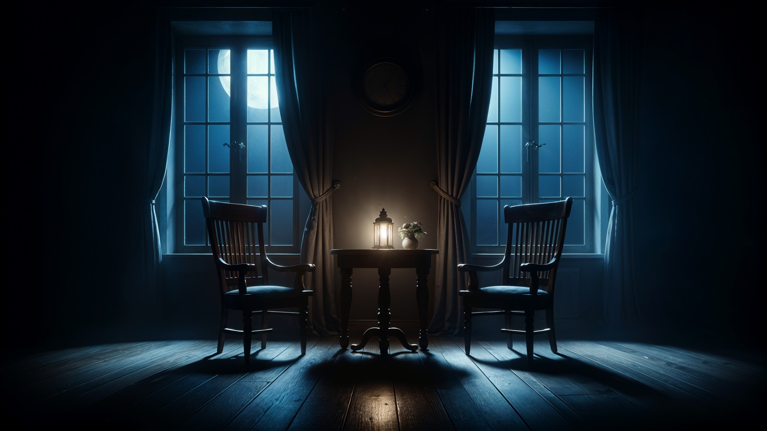 Dimly Lit Room with Wooden Chairs and Lantern Glow