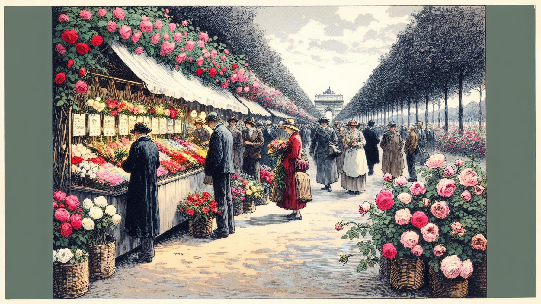 Vibrant Flower Market with Victorian Attire and Architecture