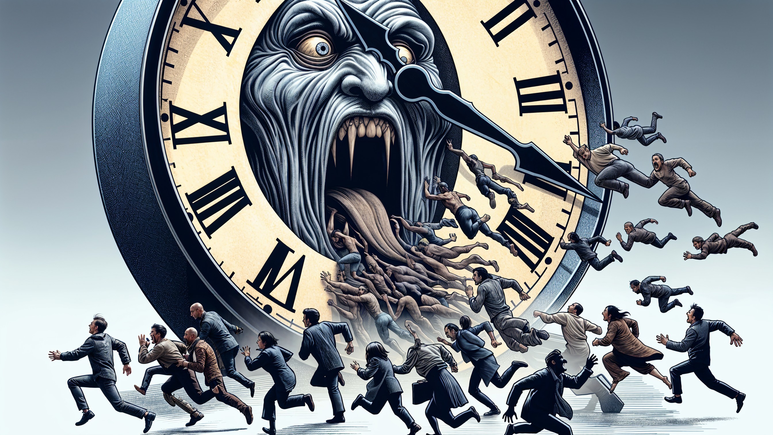Surreal Scene of Clock with Monstrous Face and People