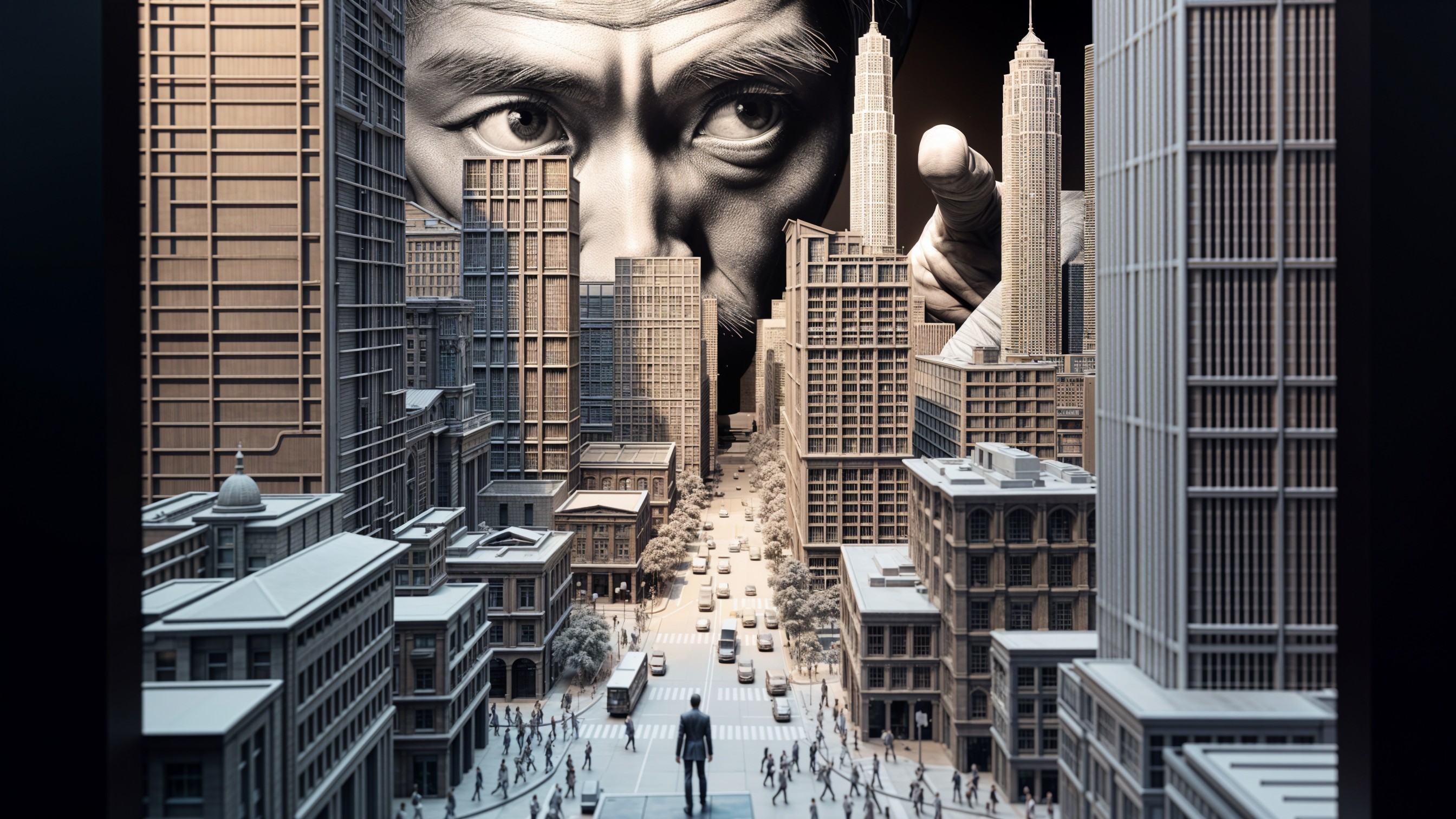 Monochrome Cityscape with Colossal Face and Hand
