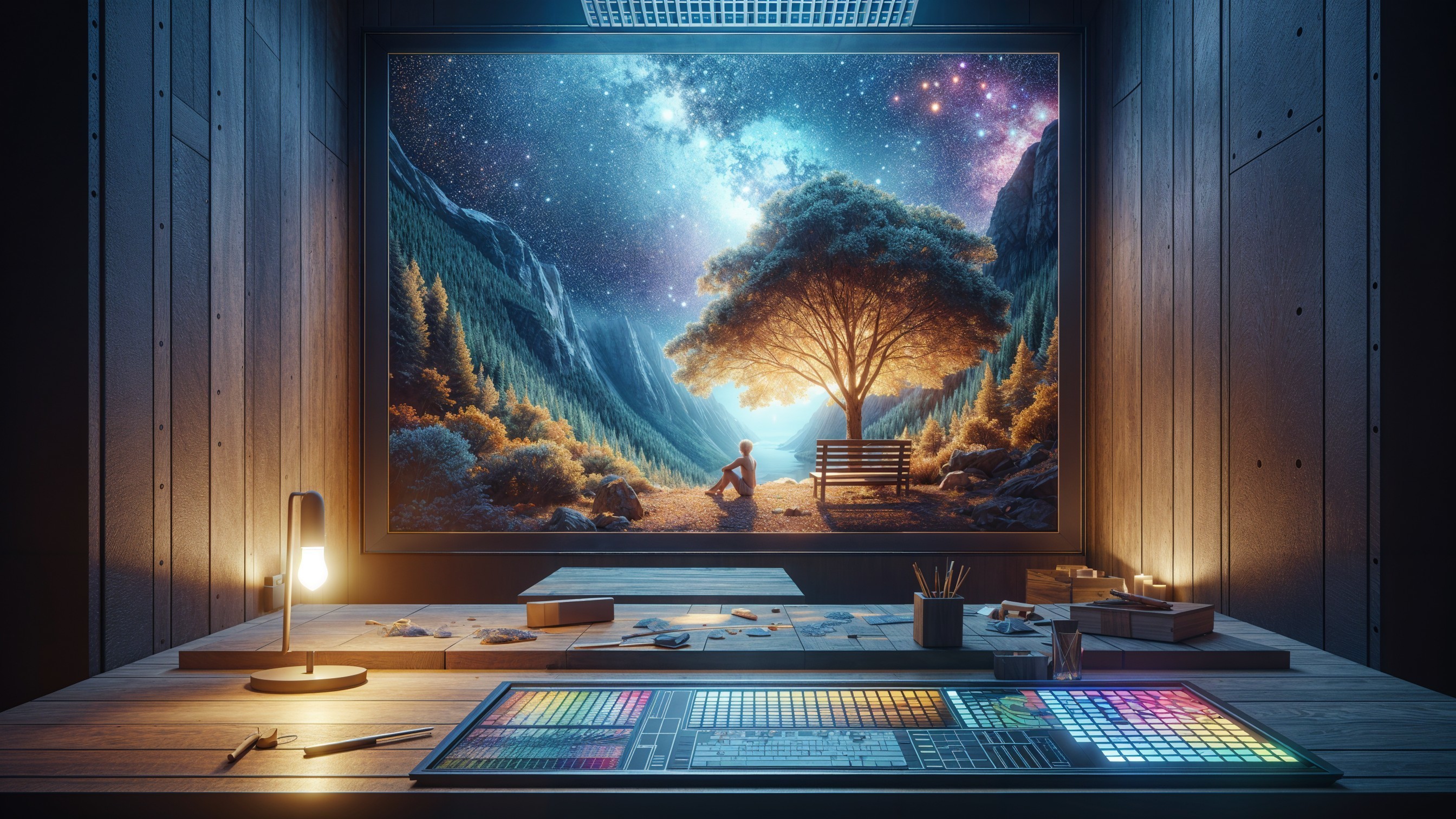 Starry Sky Landscape with Art Supplies in Cozy Room