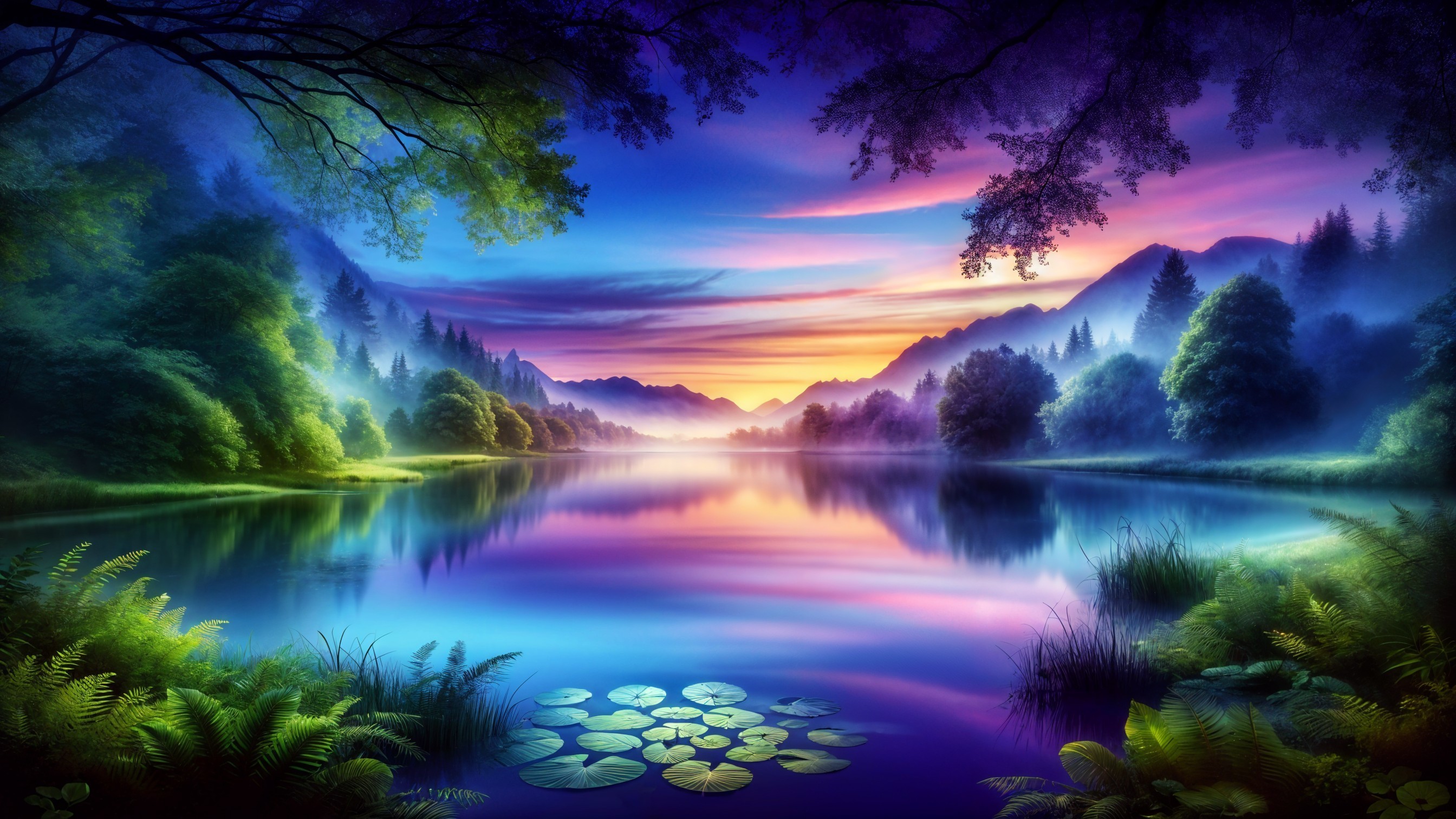 Tranquil Lake at Sunset with Mountain Silhouettes