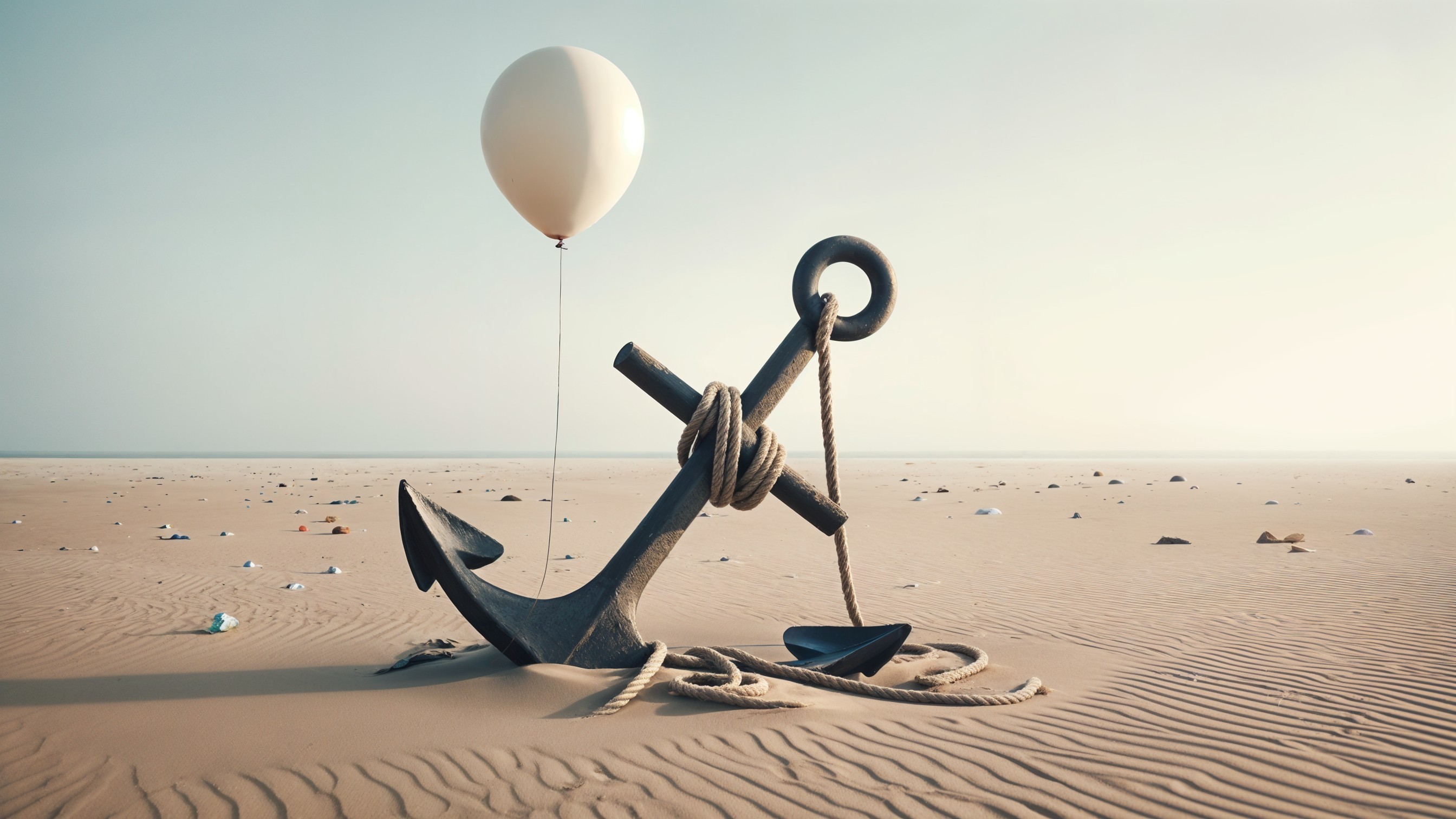 Weathered Anchor and Balloon in Sandy Landscape