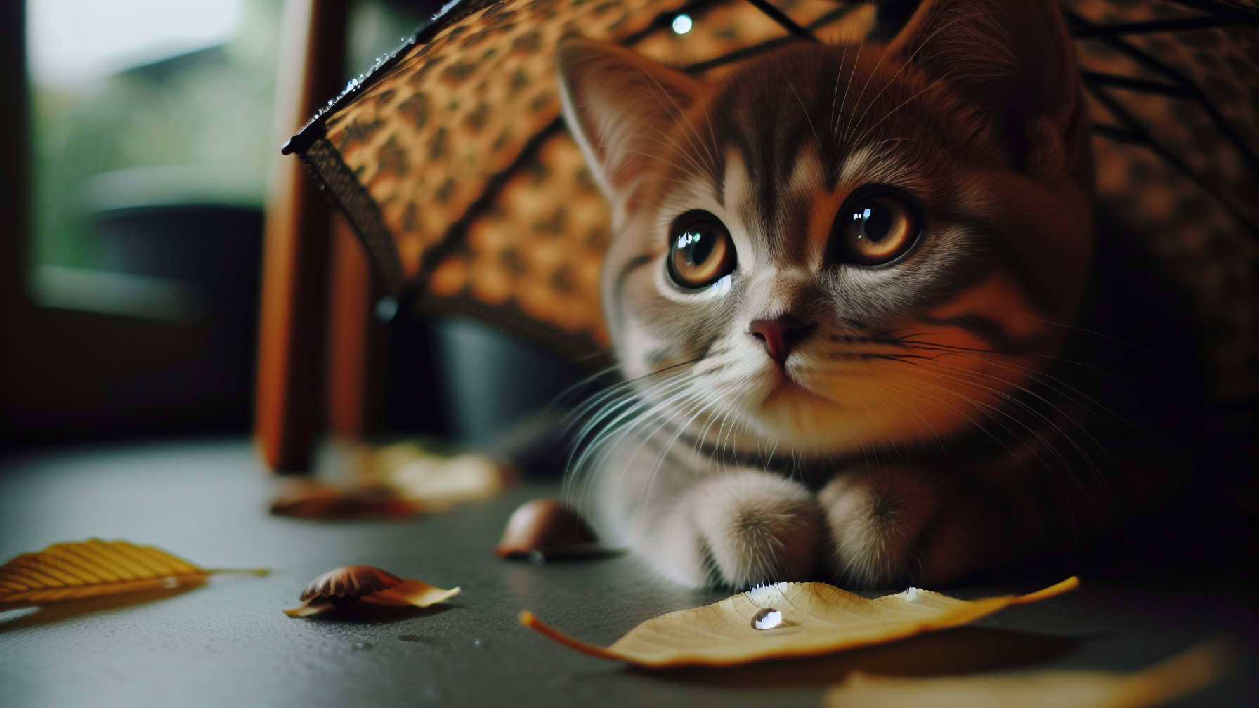 Fluffy Gray Tabby Cat Under Decorative Umbrella